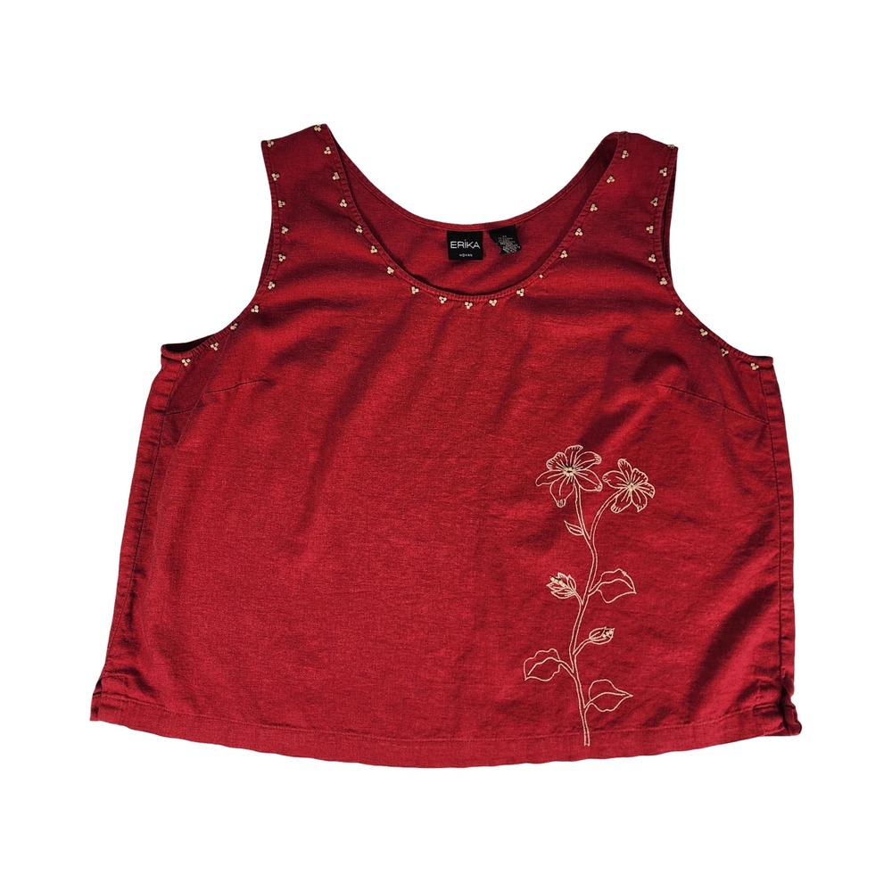Erika‎ Woman Red Linen Blend Floral Embroidered Beaded Tank Top Plus Size 2X